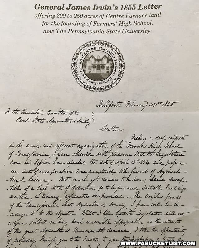Copy of General James Irvin's 1855 letter offering land to build the Farmers High School.