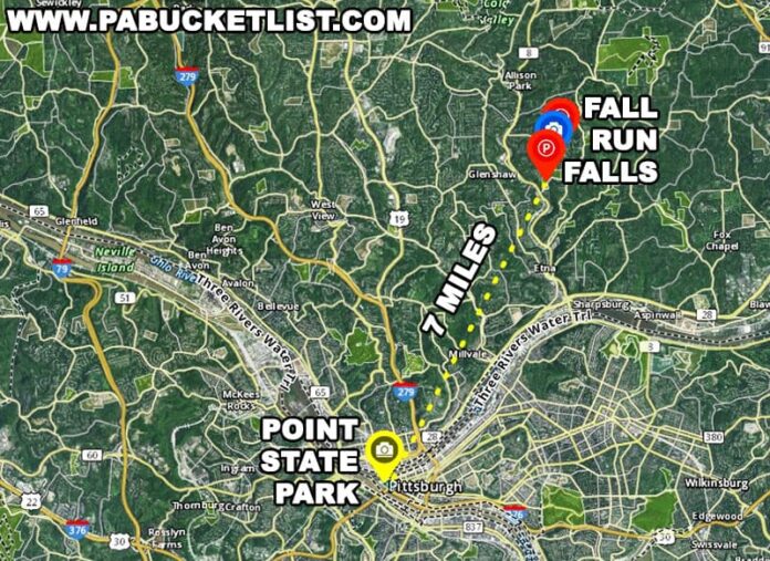 Falls Run Falls Closest Waterfall To Downtown Pittsburgh PA Map 696x507 