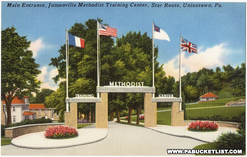 Vintage postcard showing the entrance to the Jumonville Methodist Training Center in the 1950s.