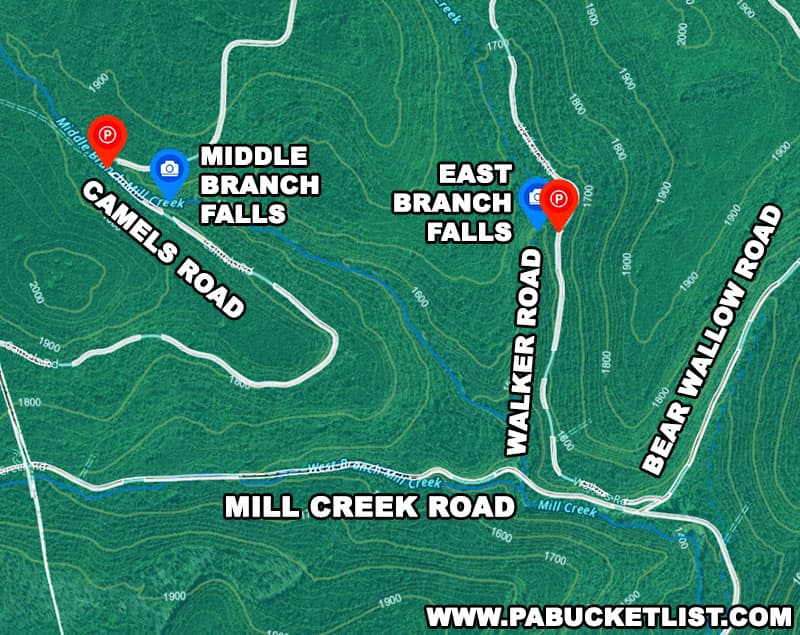 Map to East Branch Falls and Middle Branch Falls in the Loyalsock State Forest.