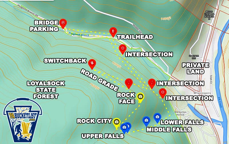 Map to Warburton Hollow Falls in the Loyalsock State Forest.