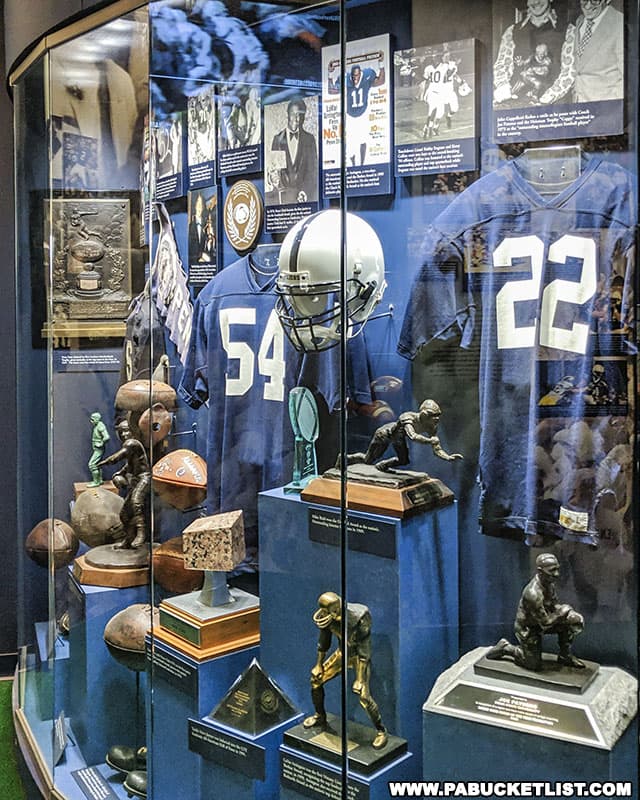 Penn State football memorabilia on display at the Penn State All-Sports Museum.