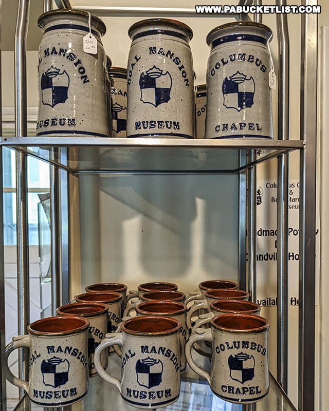 Souvenir mugs for sale in the Visitor Center at the Boal Mansion and Columbus Chapel in Boalsburg Pennsylvania.
