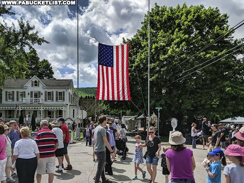The town square is a busy place in Boalsburg on Memorial Day weekend.