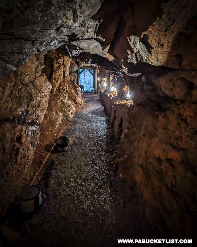 Looking back through a passageway towards the entrance to Coral Caverns in Bedford County Pennsylvania..