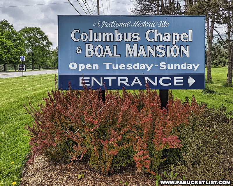 Entrance to Columbus Chapel and Boal Mansion along Route 322 in Boalsburg Pennsylvania.