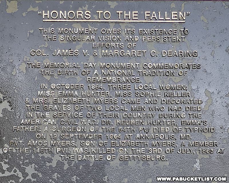 Honors to the Fallen plaque on the monument commemorating Boalsburg as the birthplace of Memorial Day.