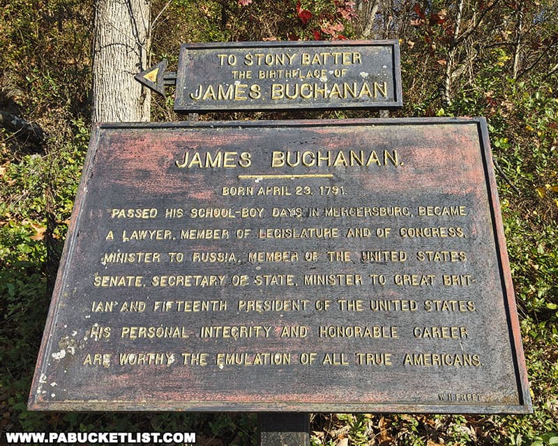 James Buchanan plaque near the entrance to Buchanan's Birthplace State Park.