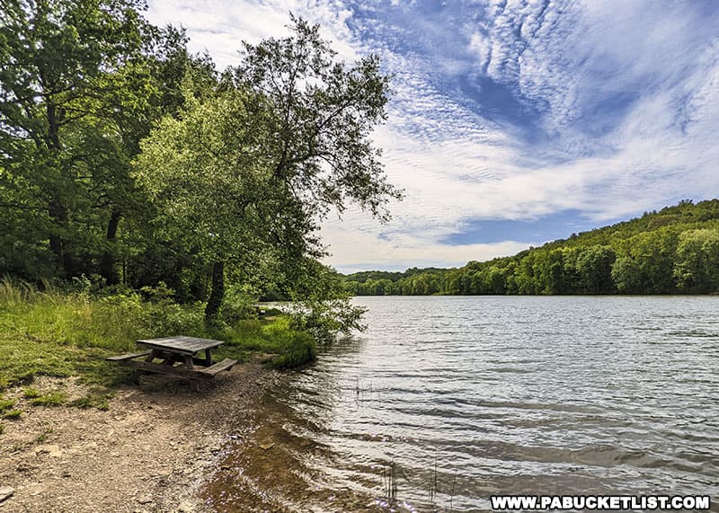 A picnic spot along the shore of Keystone Lake at Keystone State Park in Westmoreland County Pennsylvania.
