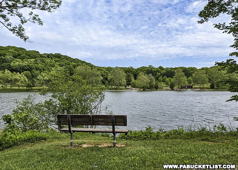 Bench along the Lakeside Trail at Keystone State Park in Westmoreland County Pennsylvania.