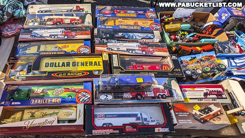 Vintage diecast trucks for sale at Leighty's Flea Market in Newry Pennsylvania.