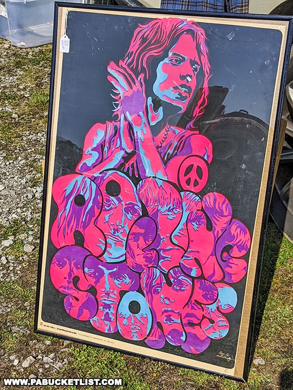 Vintage Rolling Stones blacklight poster for sale at Leighty's Flea Market near Altoona Pennsylvania.