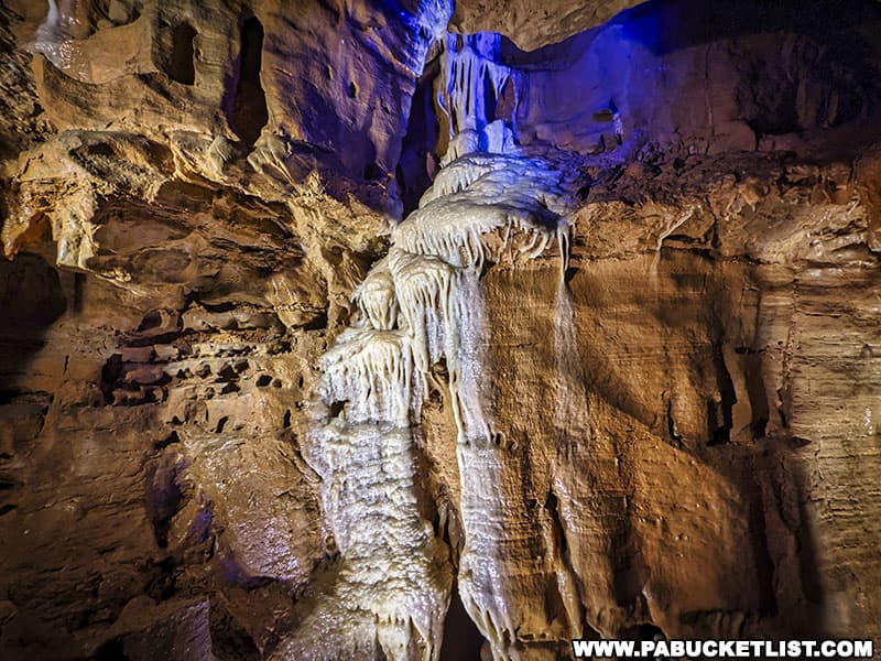 A waterfall of minerals inside Lincoln Caverns in Huntingdon County PA.