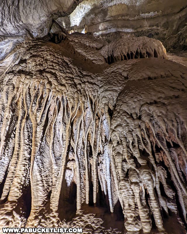 Flowstone formations inside Lincoln Caverns in Huntingdon County PA.