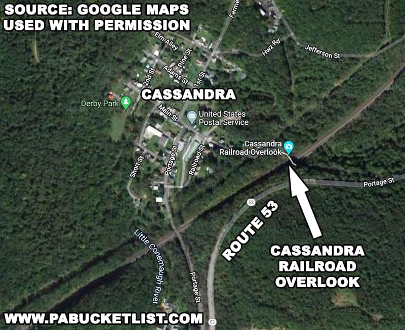 Map to the Cassandra Railroad Overlook Bridge in Cambria County Pennsylvania.