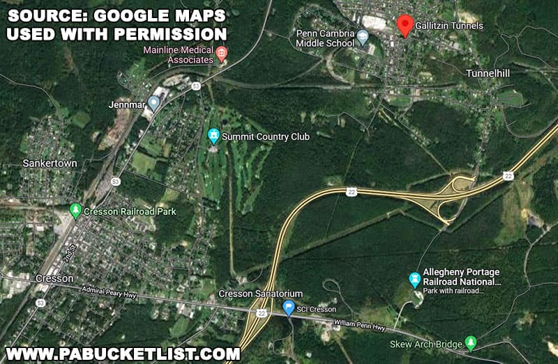 Map to the Gallitzin Tunnels railroad overlook bridge in Cambria County Pennsylvania.