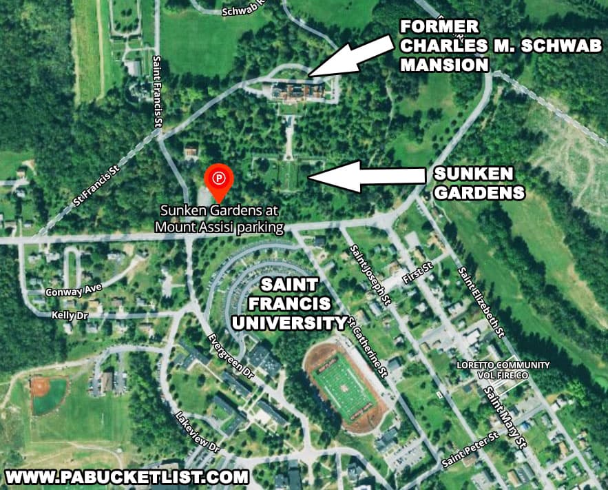 Map to the Sunken Gardens at Mount Assis in Cambria County Pennsylvania.
