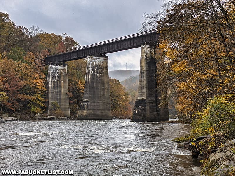 Autumn view of the Ohiopyle High Bridge over the Youghiogheny River.