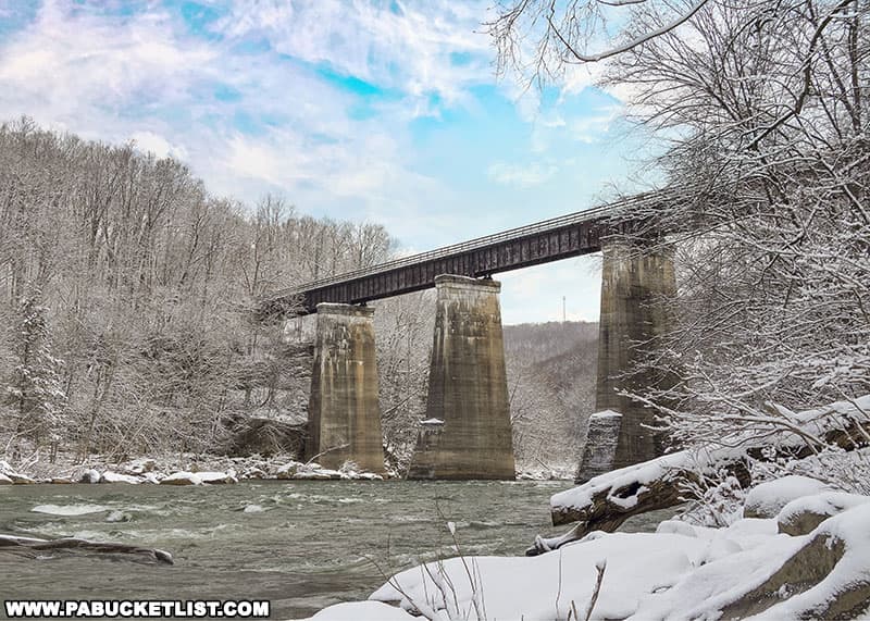 Winter view of the Ohiopyle High Bridge over the Youghiogheny River.