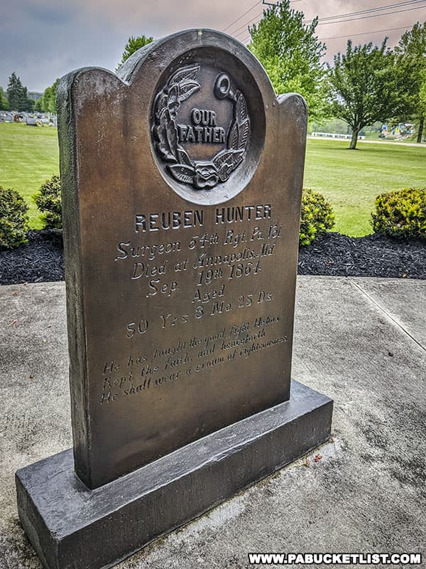 Reuben Hunter's tombstone is replicated as part of the Birthplace of Memorial Day sculpture in Boalsburg PA.