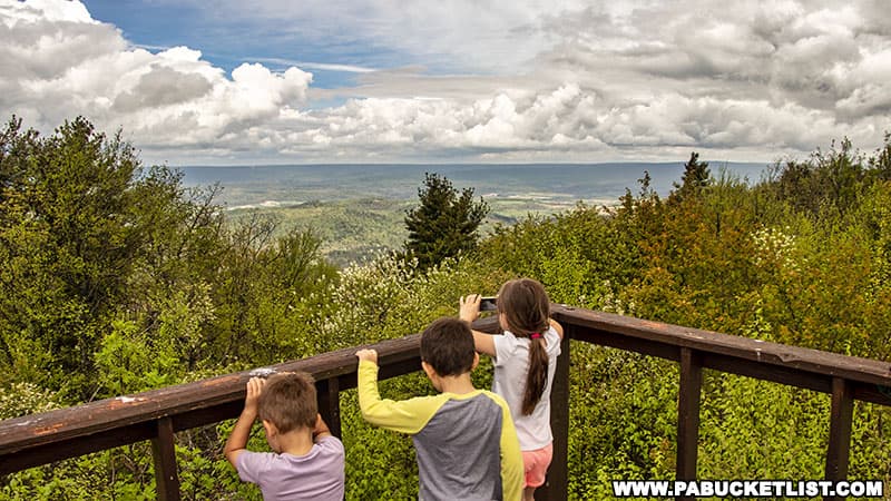 Kids enjoying the views from the Stone Mountain Hawk Watch in Mifflin County Pennsylvania.