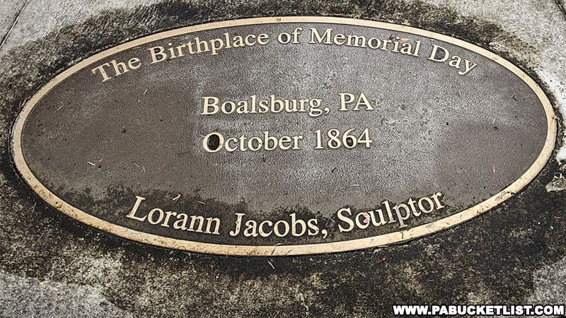 The Birthplace of Memorial Day plaque on the monument in Boalsburg PA.