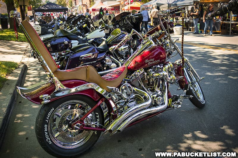 Motorcycles on display at the Bellefonte Cruise Car Show in Bellefonte Pennsylvania.