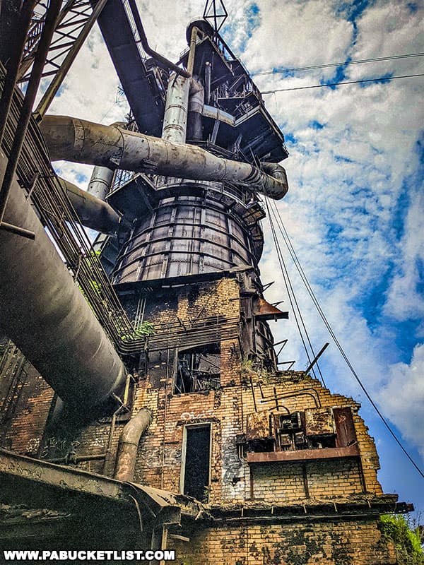 Staring up at one of the massive Carrie Blast Furnaces during an industrial tour by Rivers of Steel.