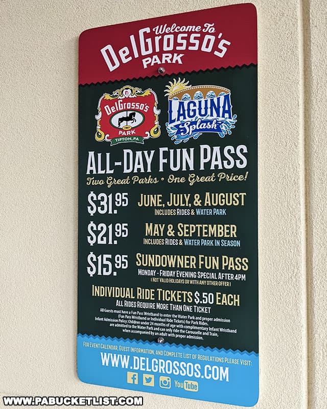 Prices for All-Day Fun Passes and ride tickets at DelGrosso's Park and Laguna Splash in Blair County, PA.