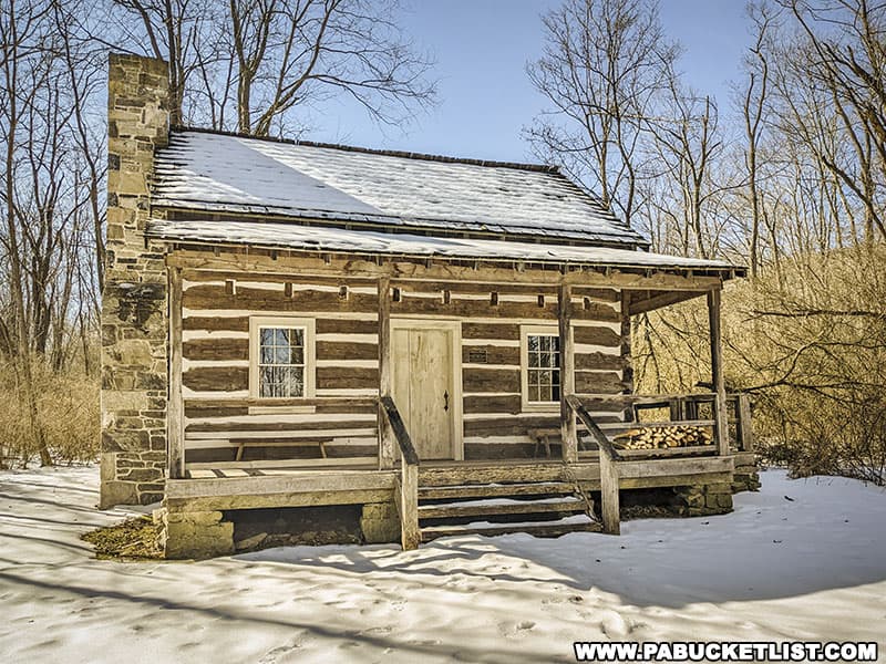 A log house along one of the hiking trails at Fort Roberdeau in Blair County Pennsylvania.