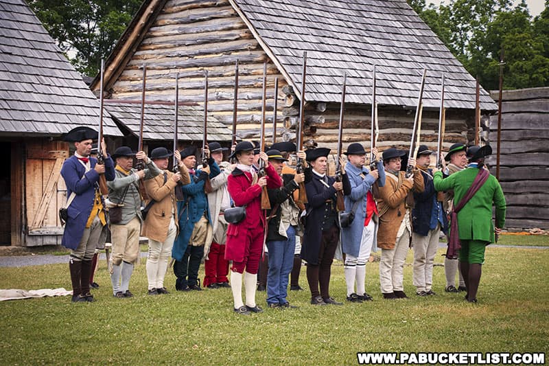 Reenactors representing a Revolutionary War-era militia at Fort Roberdeau in Blair County Pennsylvania.