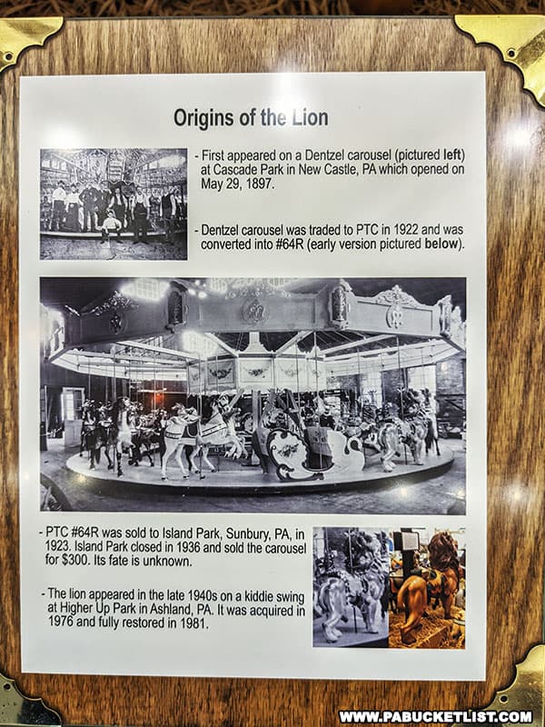Origins of the lion on display in the Knoebels Carousel Museum.