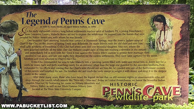 The legend of Penn's Cave, displayed near the cave entrance.