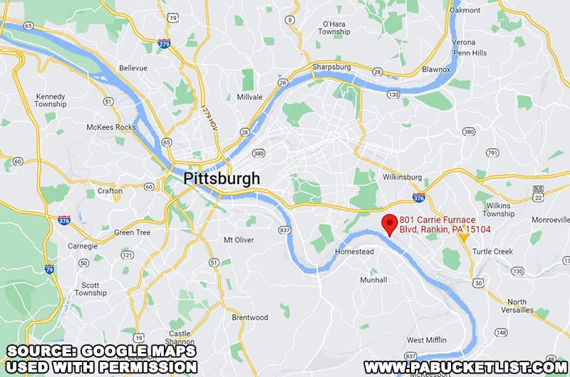 Map to the Carrie Blast Furnaces on the outskirts of Pittsburgh.
