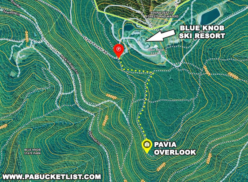 Map to Pavia Overlook at Blue Knob State Park in Bedford County Pennsylvania.