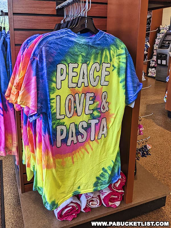 Peace, Love, and Pasta souvenir t-shirt at DelGrosso's Amusement Park.