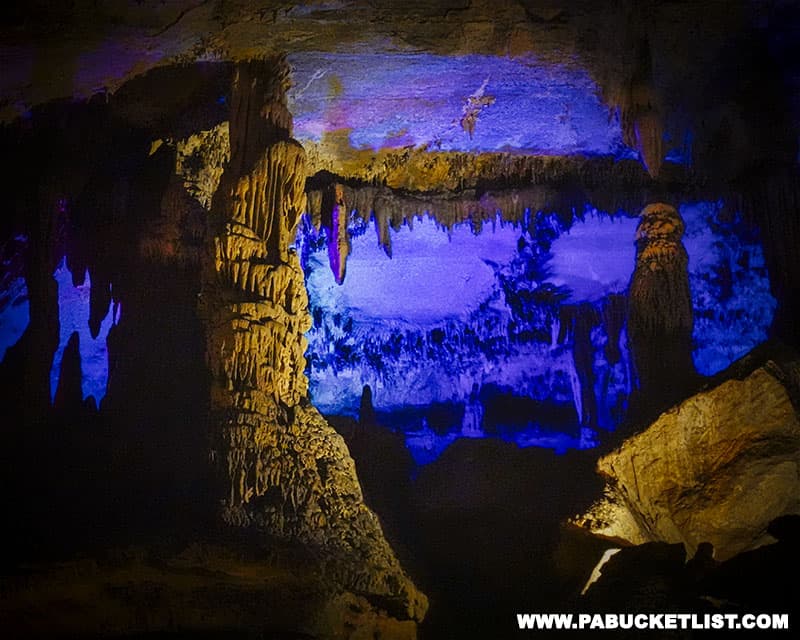 Stalactites and stalagmites inside Penn's Cave.