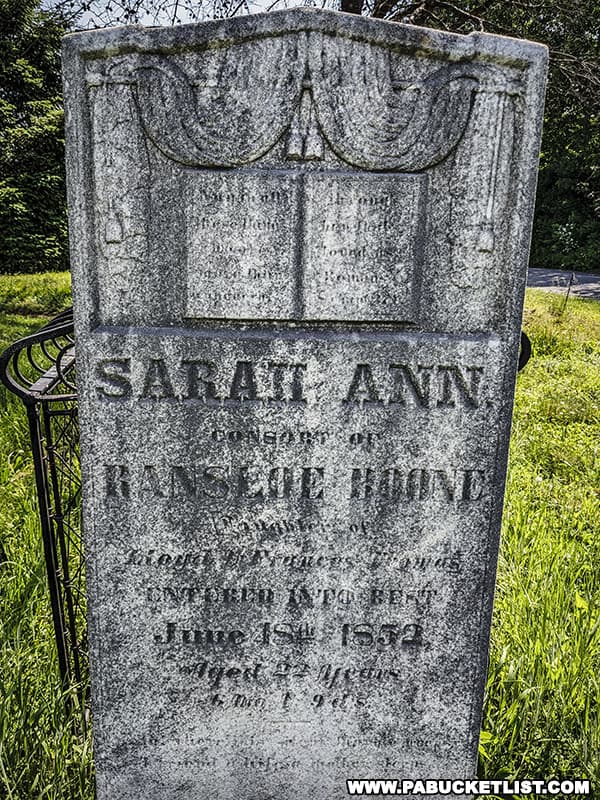 Sarah Ann Boone headstone at the Hooded Grave Cemetery.