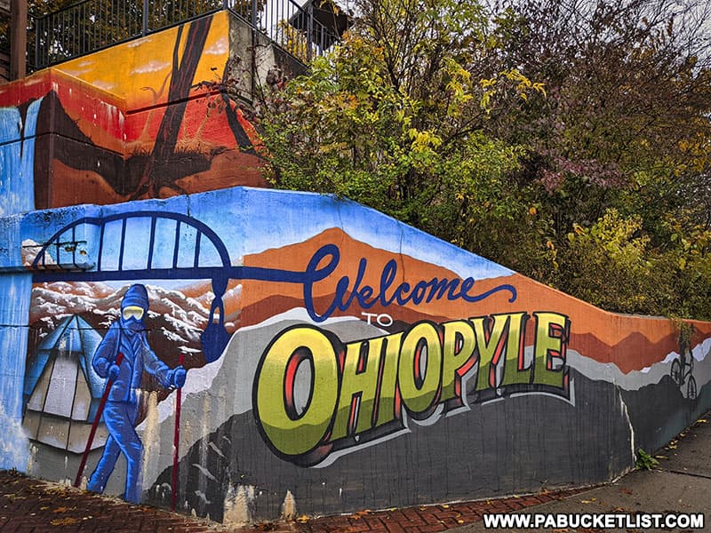 "Welcome to Ohiopyle" mural in downtown Ohiopyle, PA.