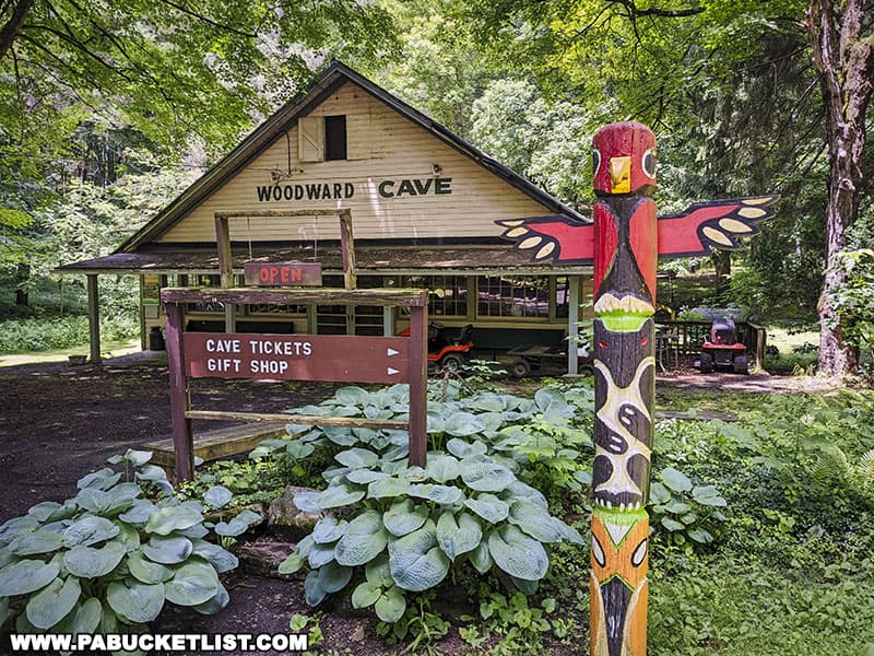 The totem poles around the property are a tribute to the Seneca people who lived here near Woodward Cave prior to the arrival of the first Europeans.