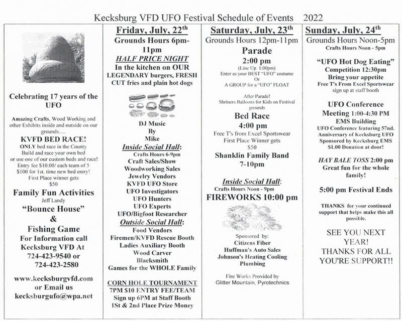 The 2022 Kecksburg UFO Festival Schedule of Events