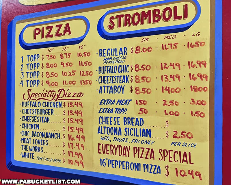 The pizza and stromboli menu at 29th Street Pizza in Altoona Pennsylvania.