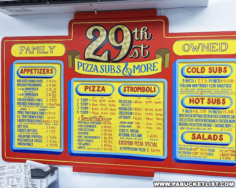 Menu board at 29th Street Pizza in Altoona Pennsylvania.