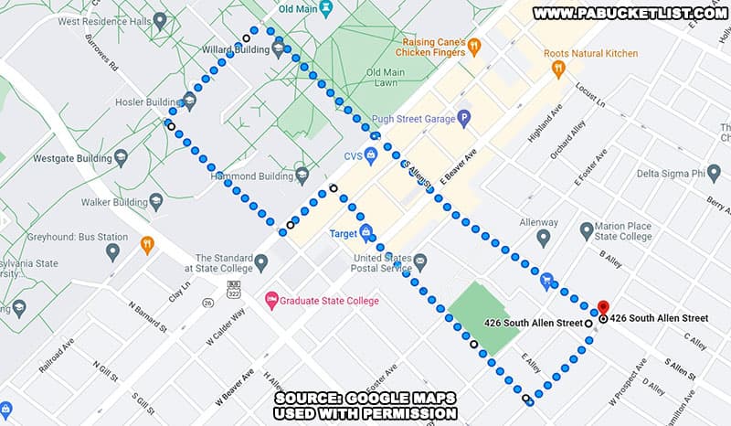 Arts Fest route map in State College and on the Penn State campus.