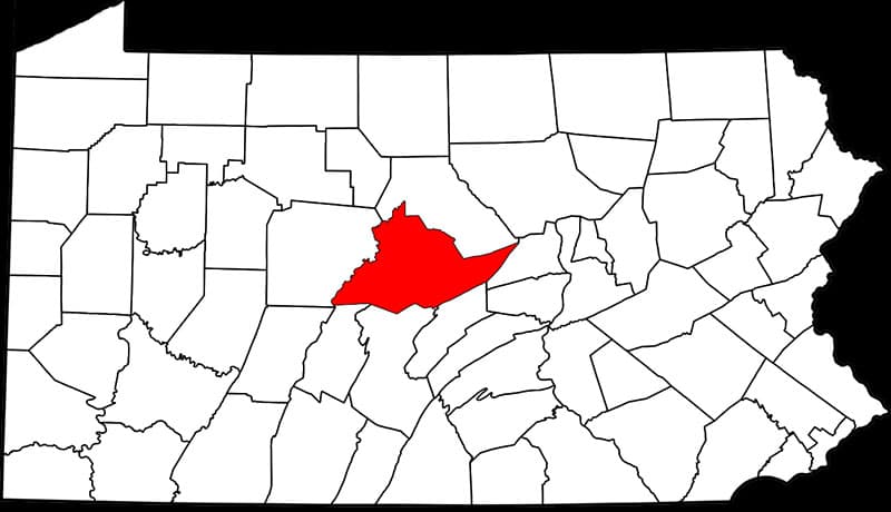 A map showing the location of Centre County in Pennsylvania.