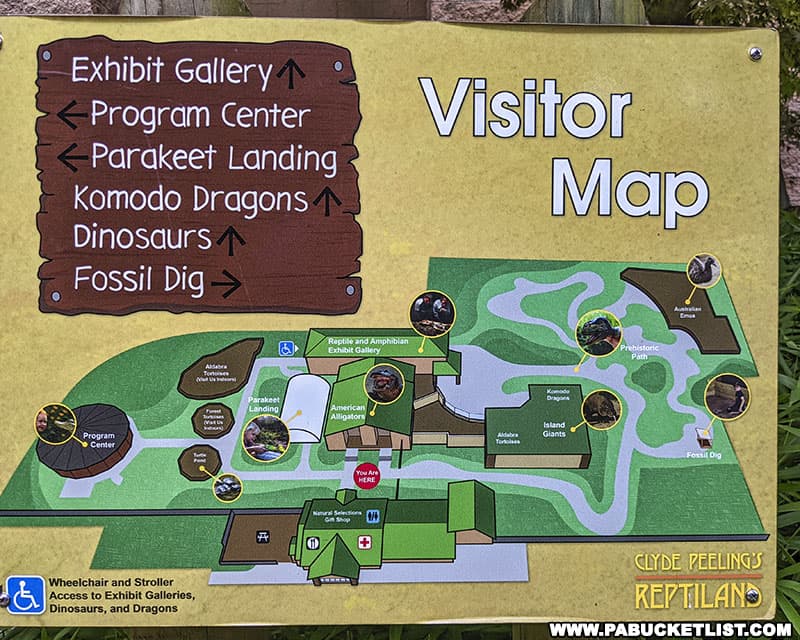 Visitor Map showing the various exhibit areas at Clyde Peeling's Reptiland in Union County Pennsylvania.