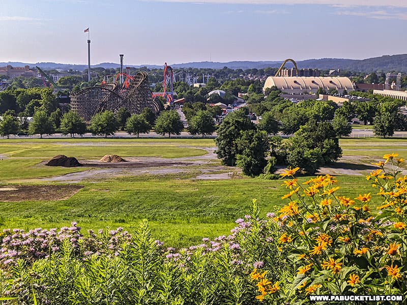 View of Hersheypark from the Hershey Gardens parking lot.