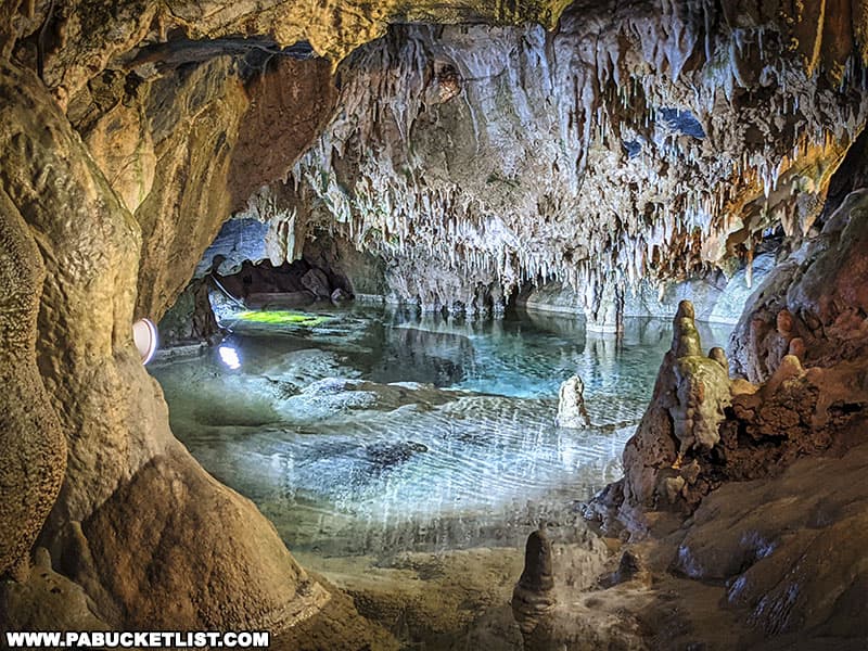 A beautiful pool of water inside Indian Echo Caverns.