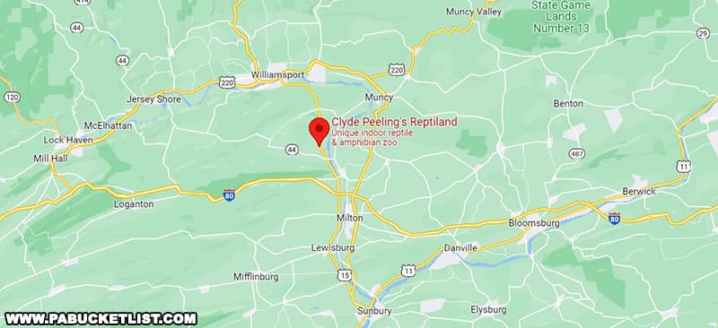 Map to Clyde Peeling's Reptiland along Route 15 in Allenwood Pennsylvania.