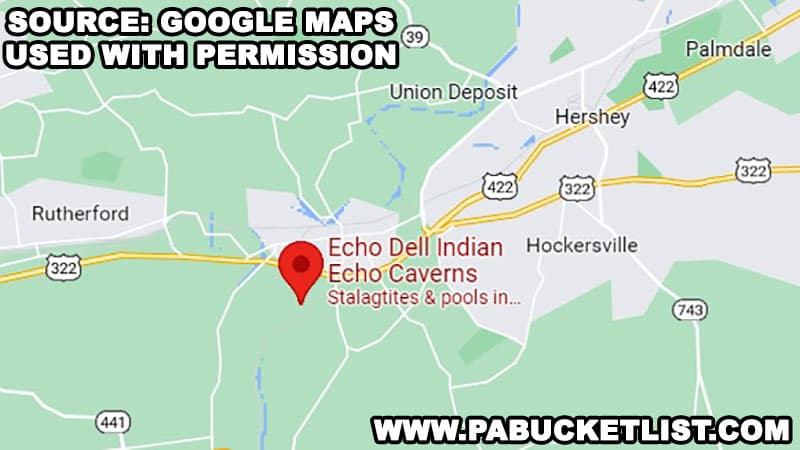 Map to Indian Echo Caverns near Hershey Pennsylvania.